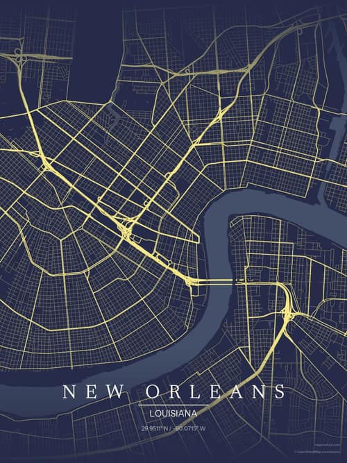 New Orleans map art print in Midnight Study — minimalist city map poster