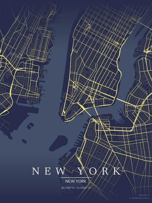 New York map art print in Midnight Study — minimalist city map poster