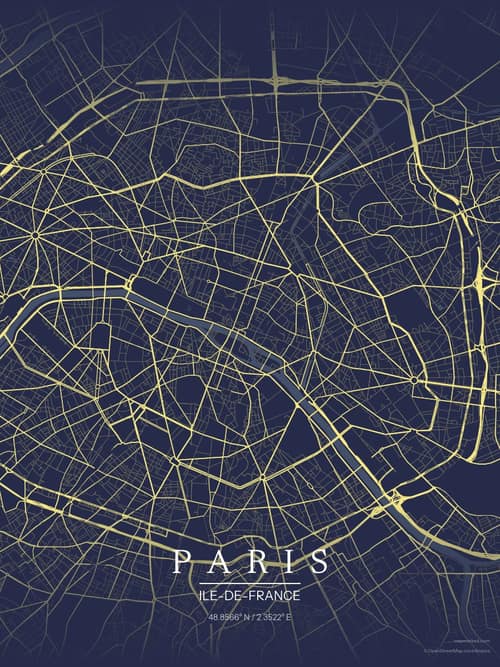 Paris map art print in Midnight Study — minimalist city map poster