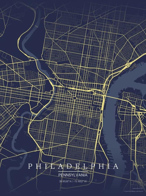 Philadelphia map art print in Midnight Study — minimalist city map poster