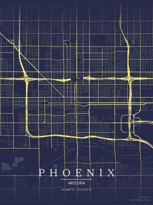Phoenix map art print in Midnight Study — minimalist city map poster