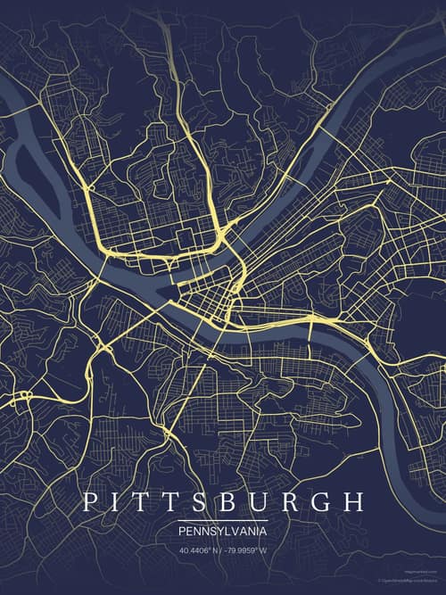 Pittsburgh map art print in Midnight Study — minimalist city map poster