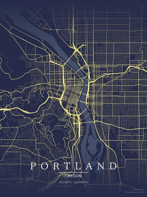 Portland map art print in Midnight Study — minimalist city map poster
