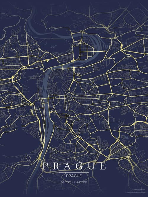Prague map art print in Midnight Study — minimalist city map poster