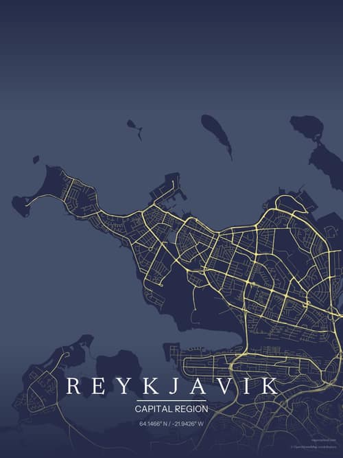 Reykjavik map art print in Midnight Study — minimalist city map poster