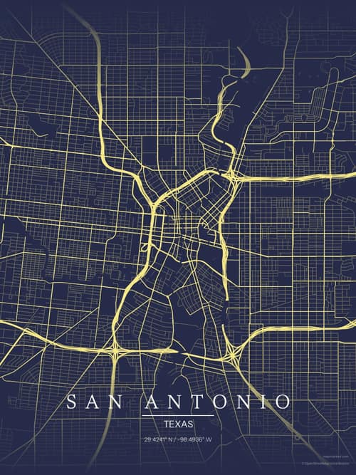 San Antonio map art print in Midnight Study — minimalist city map poster