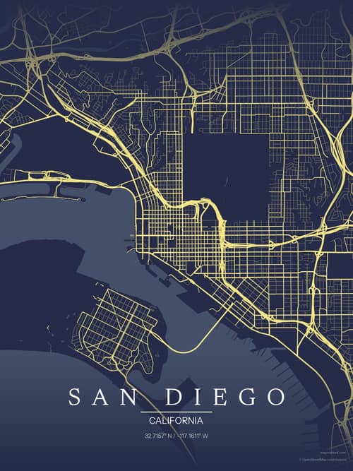 San Diego map art print in Midnight Study — minimalist city map poster