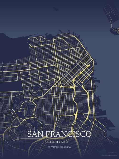San Francisco map art print in Midnight Study — minimalist city map poster