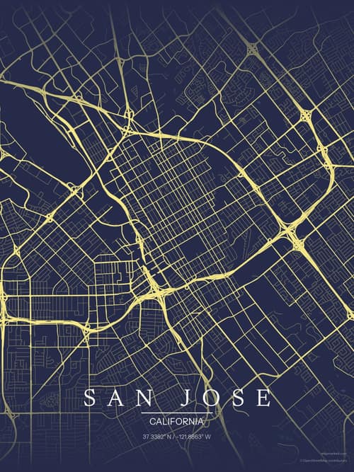 San Jose map art print in Midnight Study — minimalist city map poster