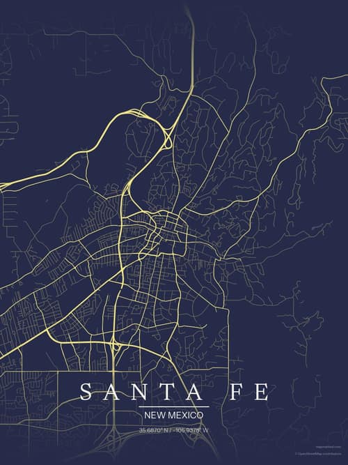 Santa Fe map art print in Midnight Study — minimalist city map poster