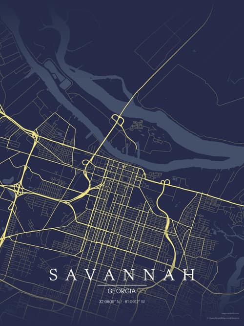 Savannah map art print in Midnight Study — minimalist city map poster