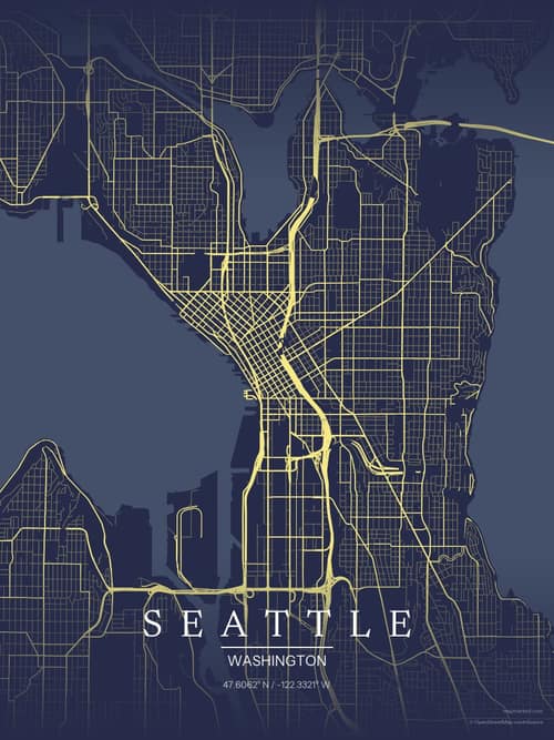Seattle map art print in Midnight Study — minimalist city map poster