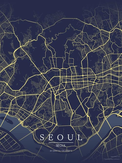 Seoul map art print in Midnight Study — minimalist city map poster