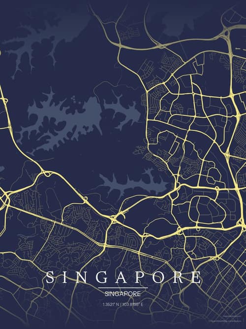 Singapore map art print in Midnight Study — minimalist city map poster