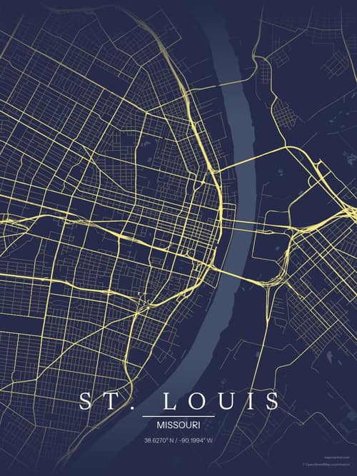 St. Louis map art print in Midnight Study — minimalist city map poster