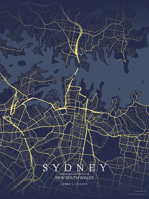 Sydney map art print in Midnight Study — minimalist city map poster