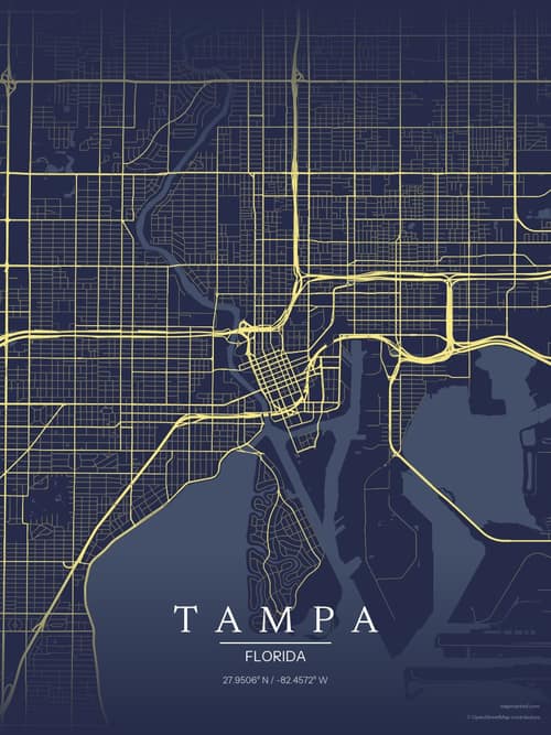 Tampa map art print in Midnight Study — minimalist city map poster