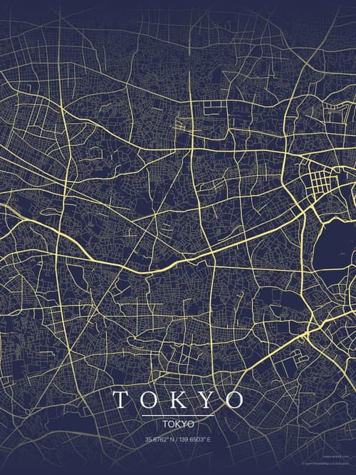 Tokyo map art print in Midnight Study — minimalist city map poster