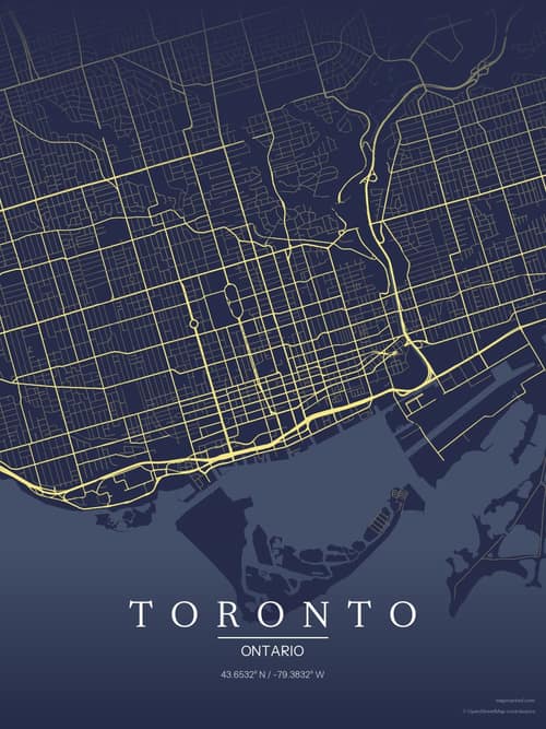 Toronto map art print in Midnight Study — minimalist city map poster