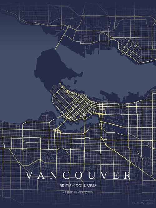 Vancouver map art print in Midnight Study — minimalist city map poster