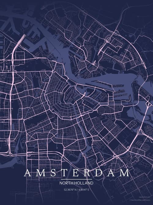 Amsterdam map art print in Orchid Night — minimalist city map poster