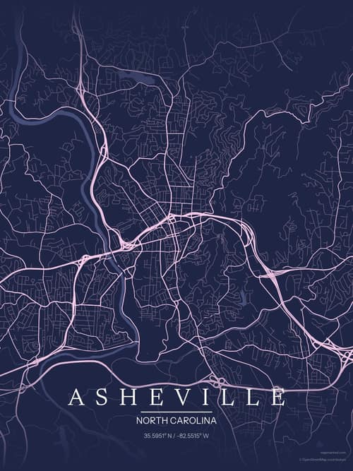 Asheville map art print in Orchid Night — minimalist city map poster
