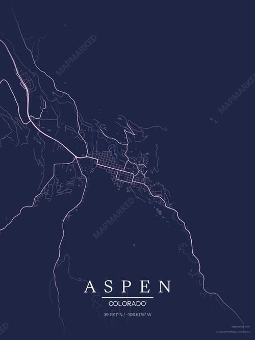 Aspen map art print in Orchid Night — minimalist city map poster
