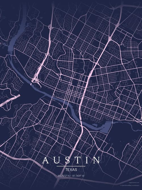 Austin map art print in Orchid Night — minimalist city map poster