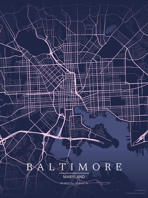 Baltimore map art print in Orchid Night — minimalist city map poster