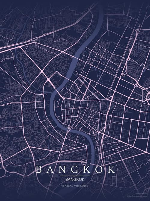 Bangkok map art print in Orchid Night — minimalist city map poster