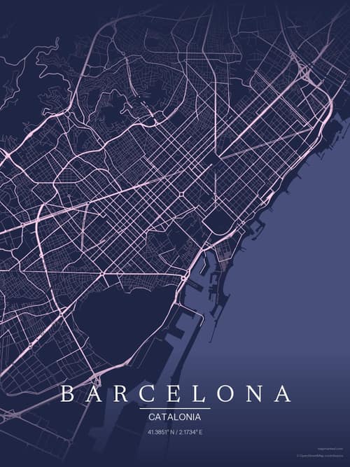 Barcelona map art print in Orchid Night — minimalist city map poster