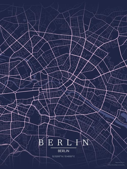 Berlin map art print in Orchid Night — minimalist city map poster