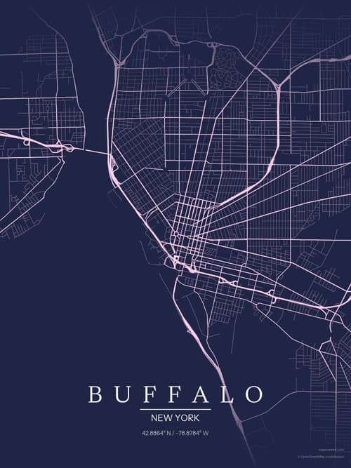 Buffalo map art print in Orchid Night — minimalist city map poster