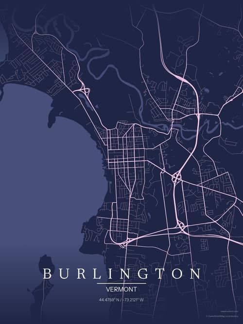 Burlington map art print in Orchid Night — minimalist city map poster