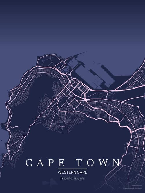 Cape Town map art print in Orchid Night — minimalist city map poster