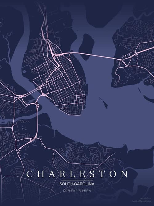 Charleston map art print in Orchid Night — minimalist city map poster
