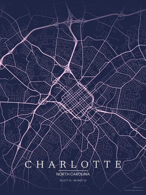 Charlotte map art print in Orchid Night — minimalist city map poster