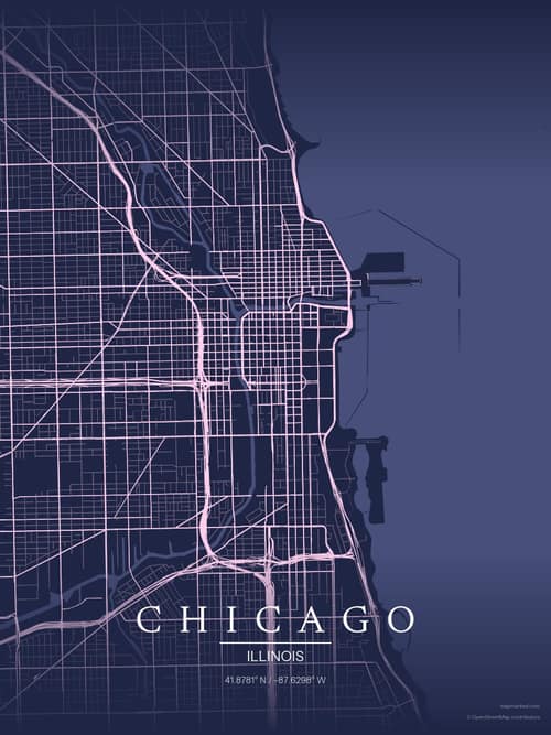 Chicago map art print in Orchid Night — minimalist city map poster