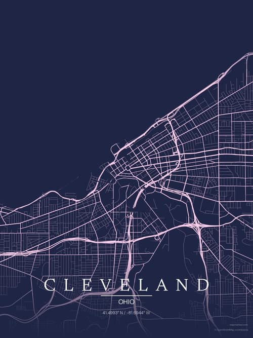 Cleveland map art print in Orchid Night — minimalist city map poster