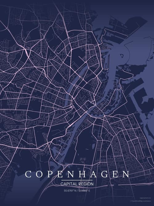 Copenhagen map art print in Orchid Night — minimalist city map poster