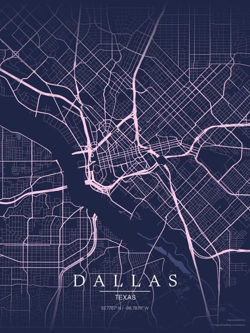 Dallas map art print in Orchid Night — minimalist city map poster