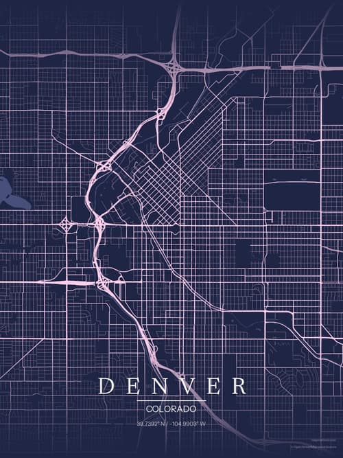 Denver map art print in Orchid Night — minimalist city map poster