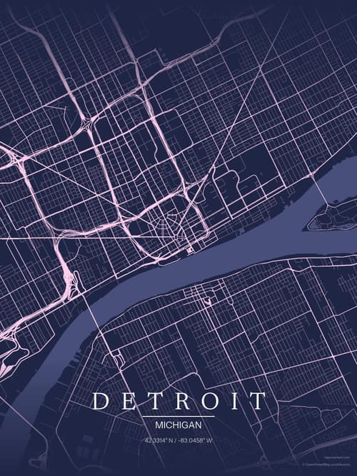 Detroit map art print in Orchid Night — minimalist city map poster