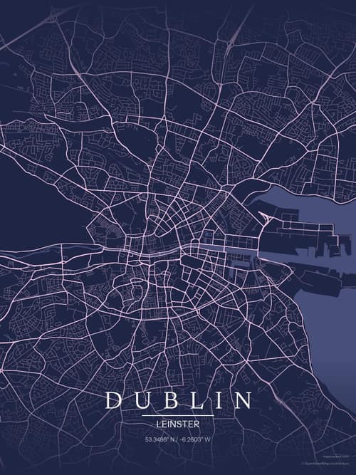 Dublin map art print in Orchid Night — minimalist city map poster