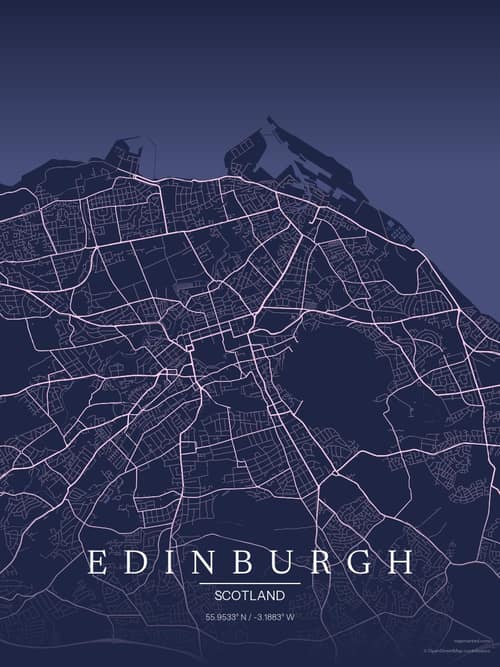 Edinburgh map art print in Orchid Night — minimalist city map poster