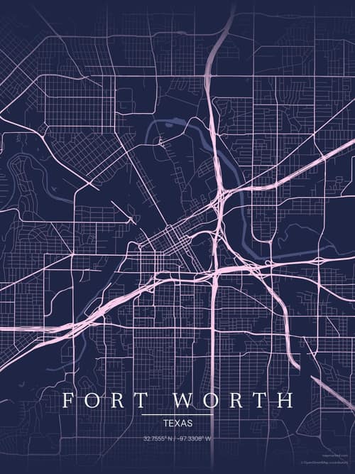 Fort Worth map art print in Orchid Night — minimalist city map poster