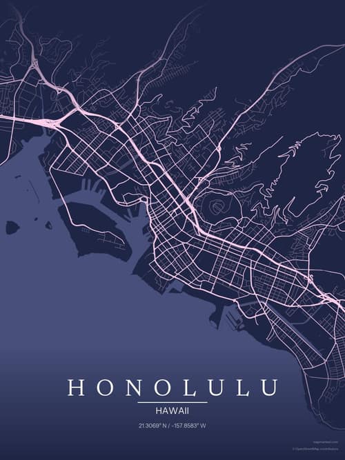 Honolulu map art print in Orchid Night — minimalist city map poster