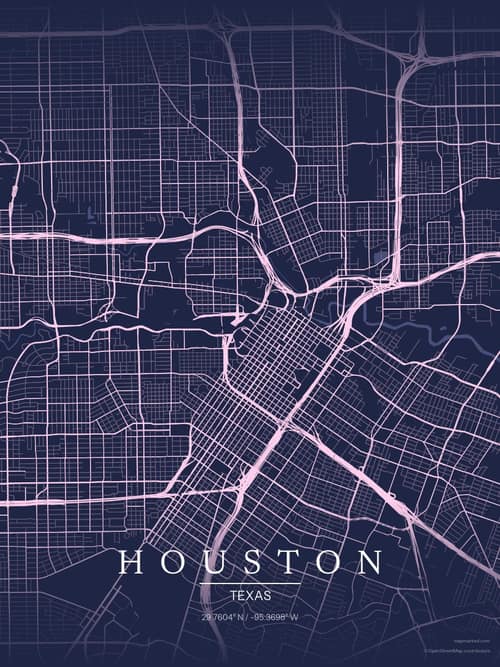 Houston map art print in Orchid Night — minimalist city map poster