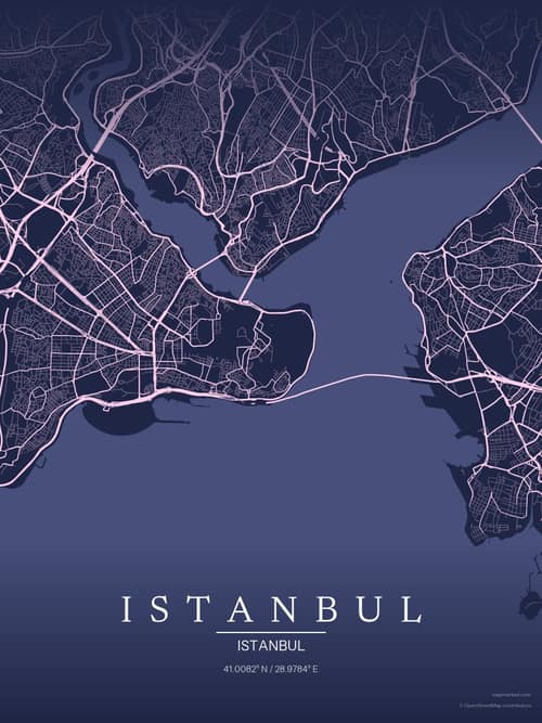 Istanbul map art print in Orchid Night — minimalist city map poster