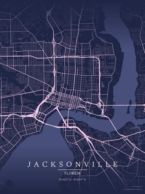 Jacksonville map art print in Orchid Night — minimalist city map poster